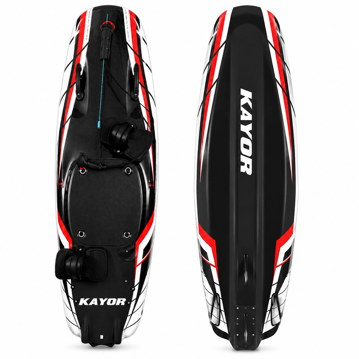 Kayak shown from two angles on a white background: a top-down view on the left and a side view on the right. The kayak is predominantly black with bold red and white graphic stripes and large white KAYOR branding on the side.