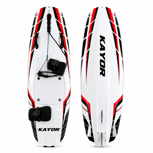 Two views of a KAYOR paddleboard on a plain white background, showing the front and back with a white base and red and black graphic accents.